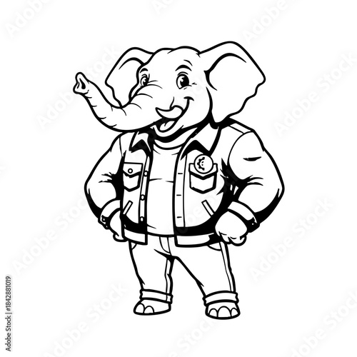 Cartoon Elephant Character Wearing Casual Clothes Line Art.