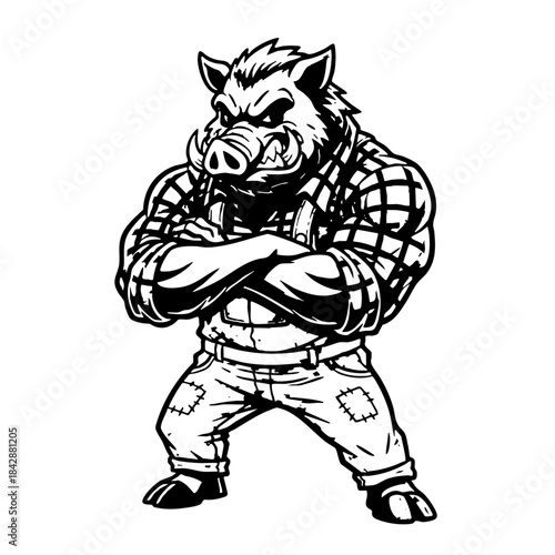 Muscular Wild Boar Mascot in Plaid Shirt Crossing Arms Vector Art
