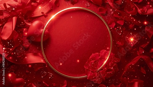 Red Roses and Hearts Surround a Golden Ring on a Red Background for a Celebration