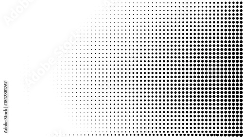 Abstract black and white halftone pattern background featuring a gradual transition from sparse dots to dense coverage on the right side