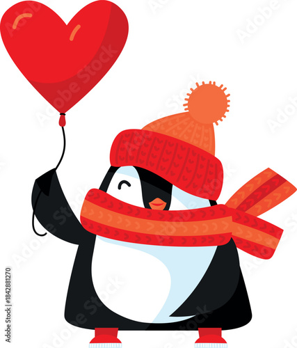 A penguin wearing a red hat and scarf holding a red balloon
