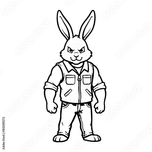 Tough Rabbit Mascot Character Standing Line Art Outline Design