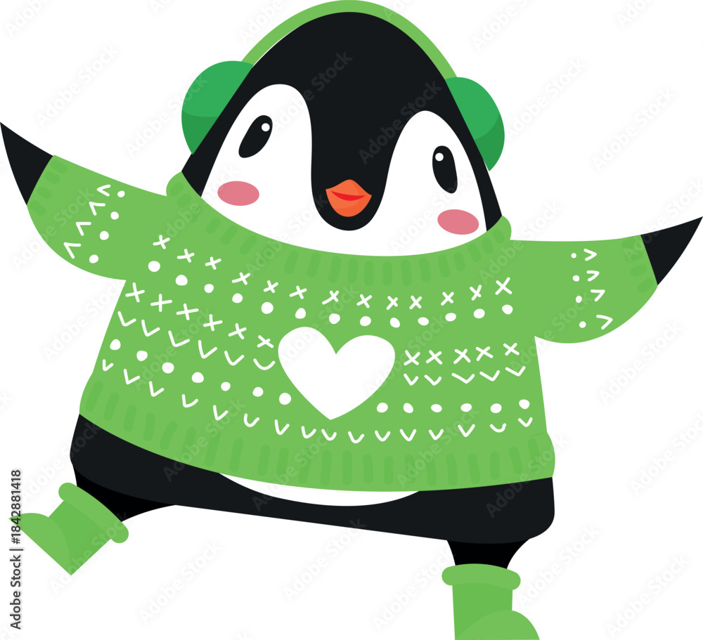 Fototapeta premium A penguin wearing a green sweater and a green hat is standing