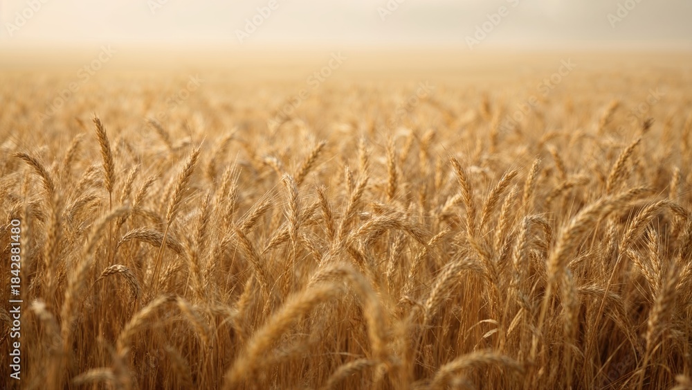 Obraz premium Golden wheat field during sunset with tall stalks and ripe wheat. Agriculture and harvest, nature and farming. The concept of farming and crop growth.