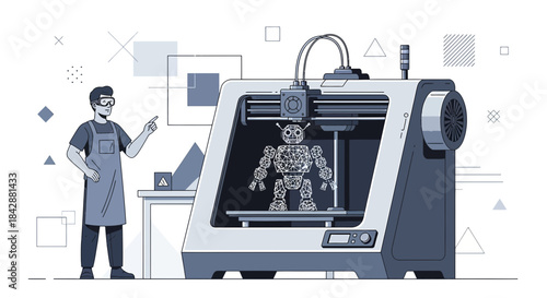Engineer overseeing 3D printing process of a robot in advanced prototyping lab environment