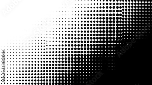 Abstract black and white halftone pattern background featuring a diagonal gradient transition of increasing circular dots from light to dark areas