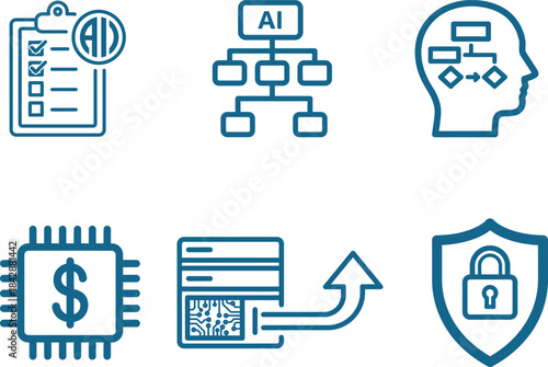 Artificial intelligence concept icons illustrating various aspects like AI planning data processing