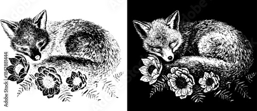 Vintage Fox Engraving with Flowers, Inverted Black White Xerography Vector for Laser Engraving on Dark Background