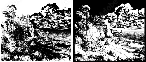 Vintage Mountain Landscape Engraving, Inverted Black White Xerography Vector for Laser Engraving on Dark Background