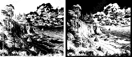 Vintage Mountain Landscape Engraving, Inverted Black White Xerography Vector for Laser Engraving on Dark Background