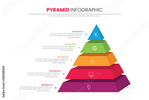 Pyramid infographic template with five colourful levels, business data visualization design