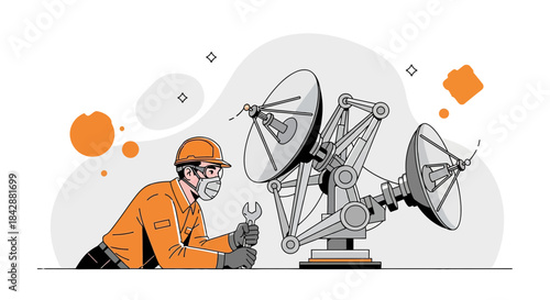 Engineering service and maintenance technician examining satellite communication infrastructure