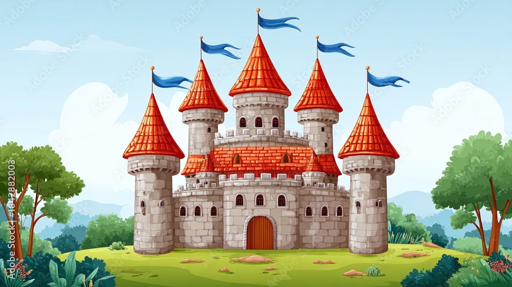 Fototapeta premium Majestic castle illustration with red-roofed towers and blue flags, set against a scenic landscape with lush greenery and a clear blue sky. A symbol of fairytale charm and adventure.