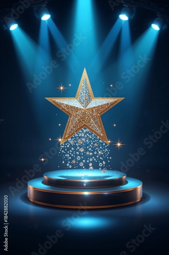 Golden Star Sparkling on a Stage With Blue Lights Shining From Above