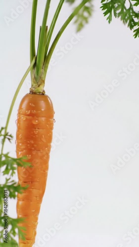 vibrant orange carrot with crisp green tops and glistening water droplets slowly rotates on a pure white background, filmed with a macro lens in a 360-degree dolly video with push-ins. Concept of