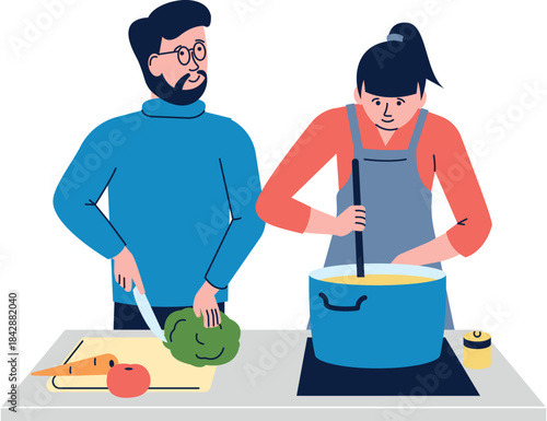 A man and a woman are cooking together