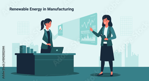 Female professionals analyzing renewable energy trends in sustainable manufacturing insights