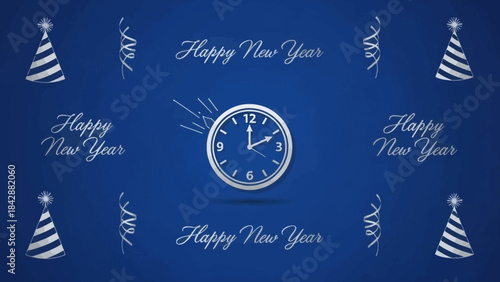 Happy New Year Clock Pattern on Blue Background