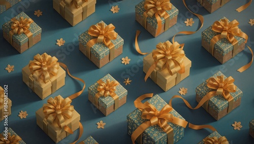 Gifts Arranged on a Blue Background With Golden Bows and Flower Decorations