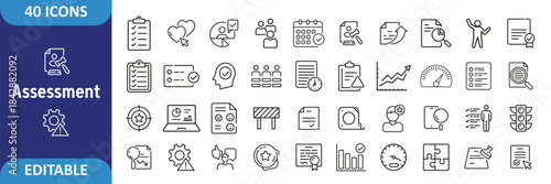 Assessment icon set. Containing Audit, analysis, plan, evaluation, result, goal and more. Outline Icon Collection. Vector illustration