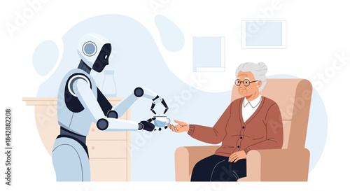Future healthcare robot offering tea to elderly woman, demonstrating advanced home assistance