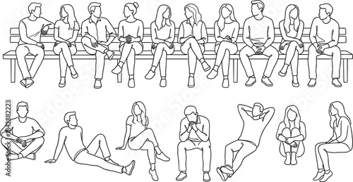 Black and white seated people illustration showing diverse postures, social interaction, body language, and casual lifestyle in line art.
