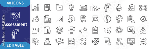 Assessment icon set. Containing Audit, analysis, plan, evaluation, result, goal and more. Outline Icon Collection. Vector illustration