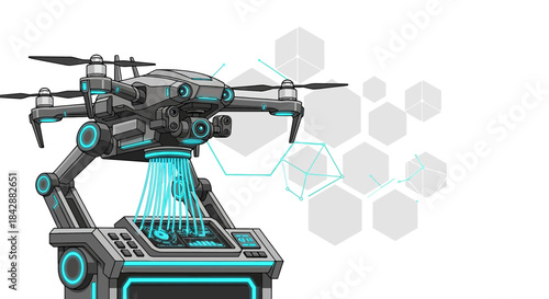 Futuristic aerial drone, connected to a high tech platform, showing innovative technology with