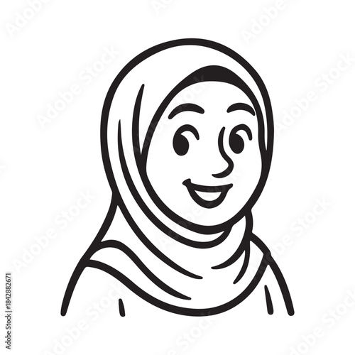 Smiling Muslim Woman Wearing Hijab in Simple Line Art Illustration Style