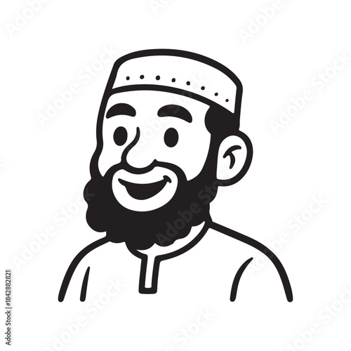 Happy Islamic man character with beard and cap cartoon drawing