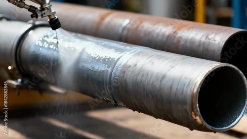 Closeup of spray equipment evenly distributing zincrich primer on a steel pipeline surface to inhibit rust and extend infrastructure lifespan