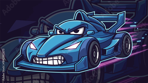 Aggressive Blue Race Car Mascot Logo with Snarling Face.