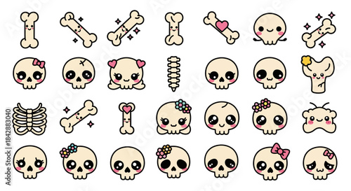Cute Kawaii Skulls and Bones Collection for Halloween.