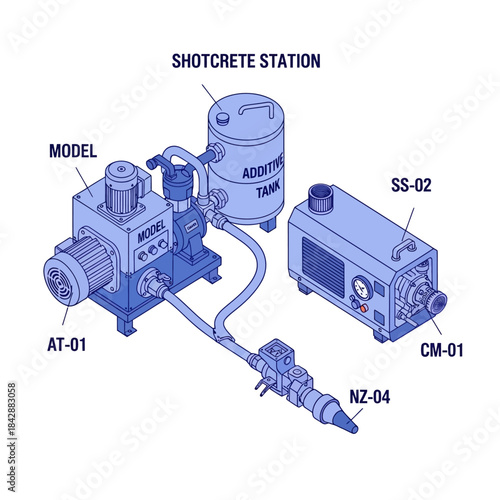 Isometric diagram of a shotcrete station with labeled components for concrete spraying.