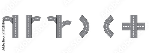 City road and highway top view, elements for map. Horizontal asphalt road template. Bending roads vector set. Set street and road vector template isolated on background.