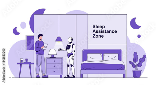 Futuristic bedroom scene depicting a man interacting with a robot for sleep assistance technology