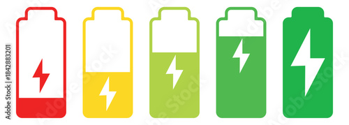  Colorful battery charge level icons. Battery charge vector set. Charging empty battery to full sign. Energized power indicator symbol representing a fully charged battery.