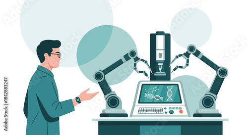 Futuristic biotechnology research automation with robotic arms and scientist observation