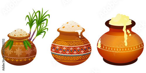 set of pots decorated for makar sankranti pongal and lohri