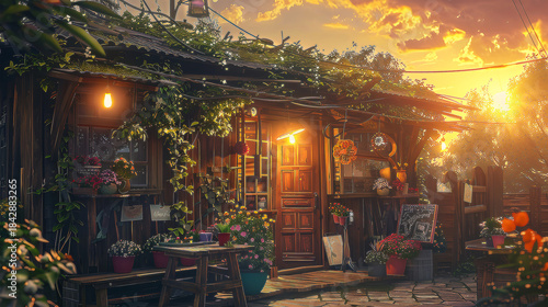 Cozy wooden cottage entrance with blooming flowers and warm sunset light wooden house door