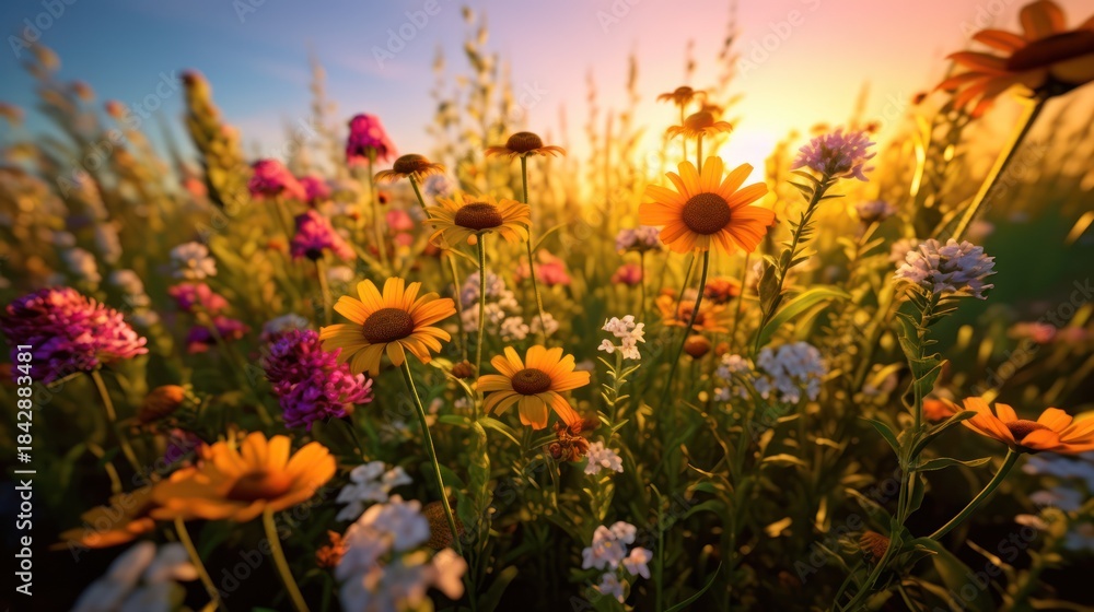 Obraz premium Vibrant Meadow Flowers Glow Under Golden Sunset Light