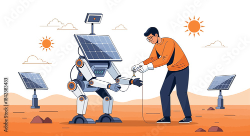 Futuristic collaboration: human engineering robot with solar panels in a bright landscape