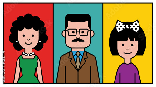 Flat design cartoon family illustration featuring a mother, father, and daughter in separate colorful panels with a simple, retro aesthetic and bold outlines