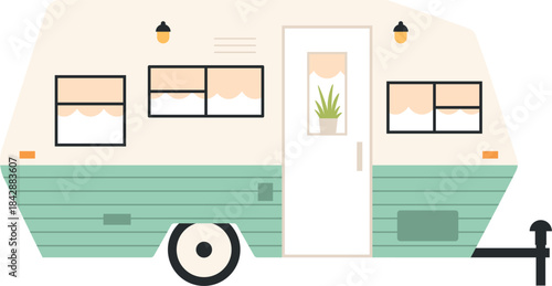 A white and green trailer with a green plant in a window