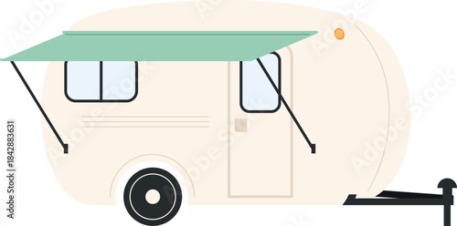 A white camper with a green canopy and a yellow light on the top