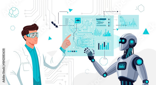 Futuristic collaboration human scientist interacting with advanced robot intelligence system