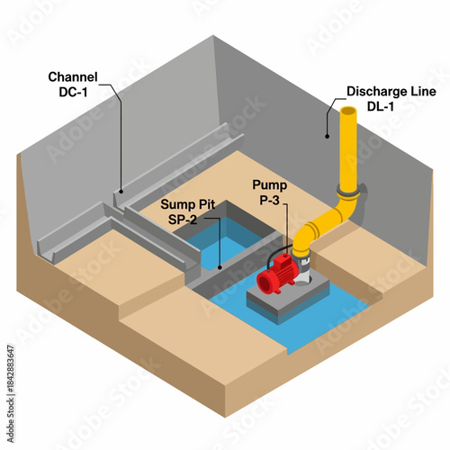 Isometric diagram of a sump pit system with a pump, channel, and discharge line for water management.