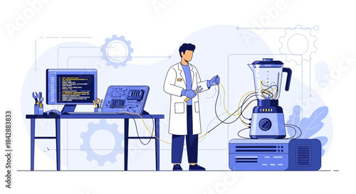 Futuristic concept of a scientist connecting cables to a blender in a high tech laboratory