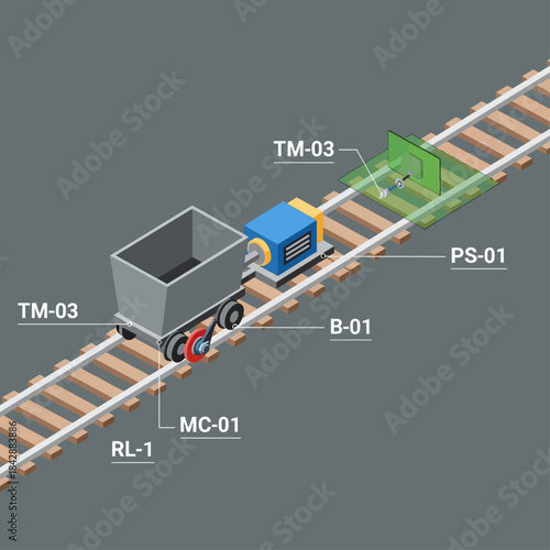 Isometric view of a train track with a single rail car and an engine unit, featuring labeled components and sensors for industrial monitoring.