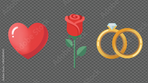 Valentine's Day symbols with heart, rose, and wedding rings on a gray background